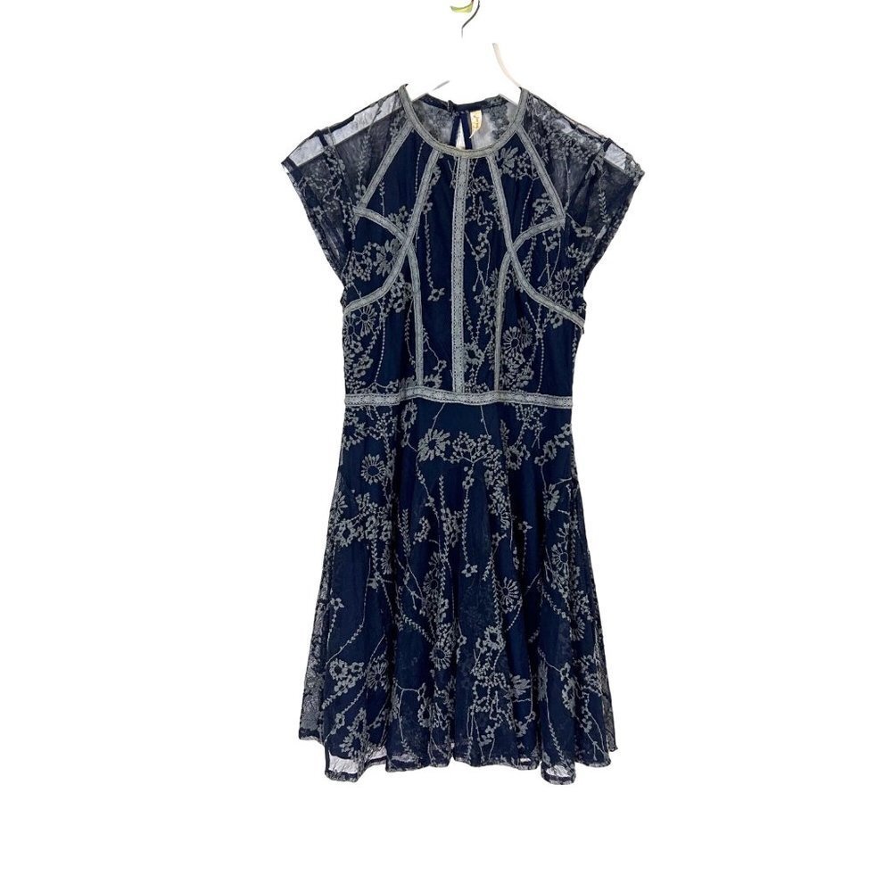 Free People Dress Womens size 4 Navy/Grey Lace Mini Laurel lMesh Lace Stretch - Picture 2 of 5